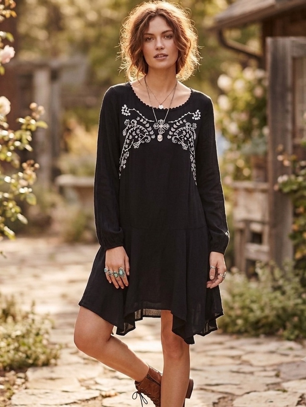 Xhilaration Embroidered Black Rayon Boho Goth Grunge Dress White Scandinavian S